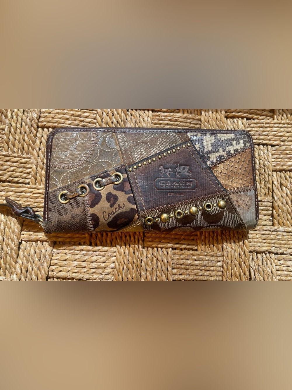 Vintage Y2K Coach Patchwork Wallet with Brass Hardwear